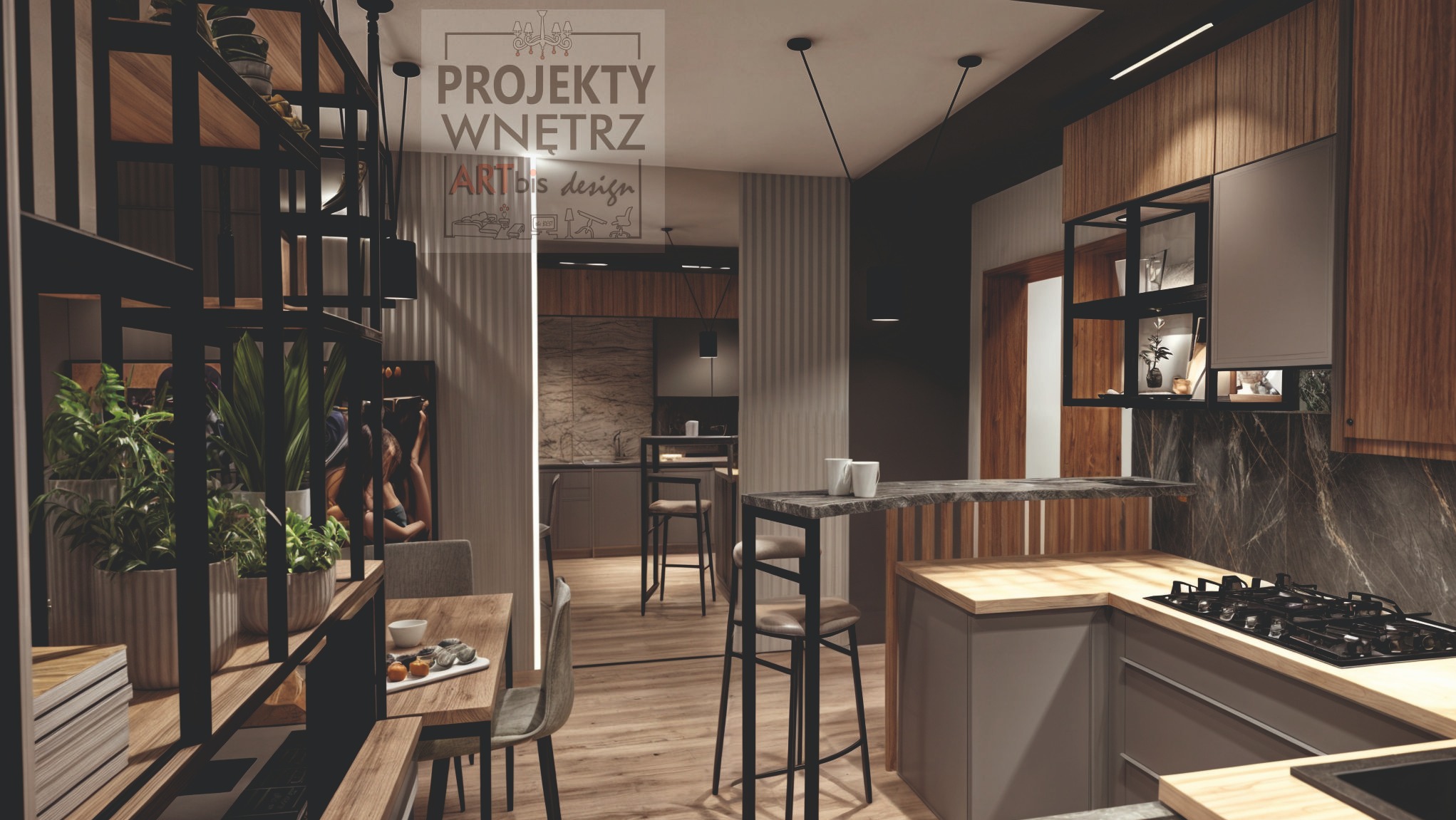 Nowoczesna aranżacja wnętrza z otwartą kuchnią, drewnianymi akcentami, marmurowym blatem i roślinami doniczkowymi na metalowym regale, widok na jadalnię z drewnianym stołem.