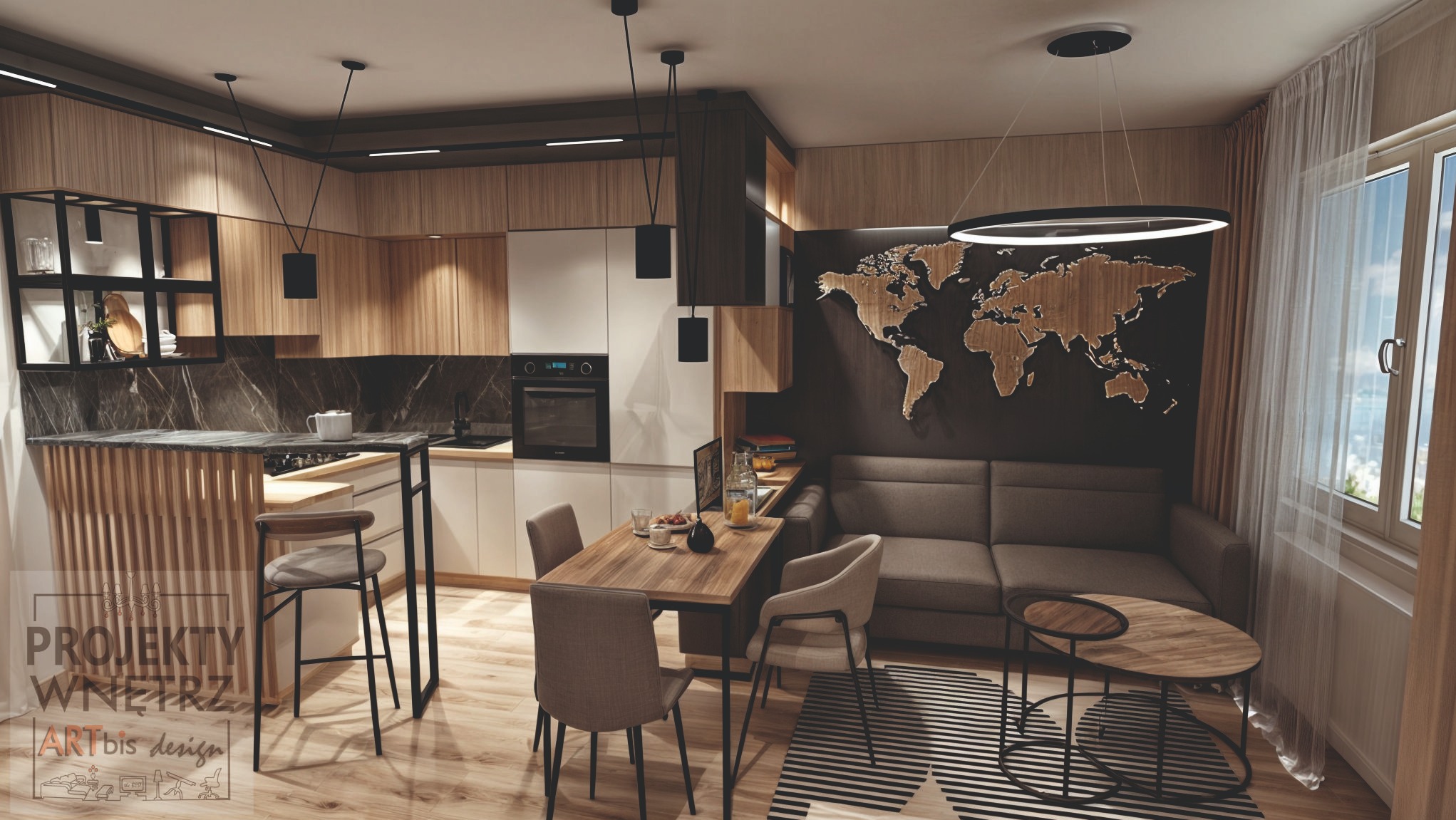 Wnętrze mieszkania z otwartą kuchnią, drewnianymi akcentami i mapą świata na ścianie, oświetlone nowoczesnymi lampami wiszącymi.