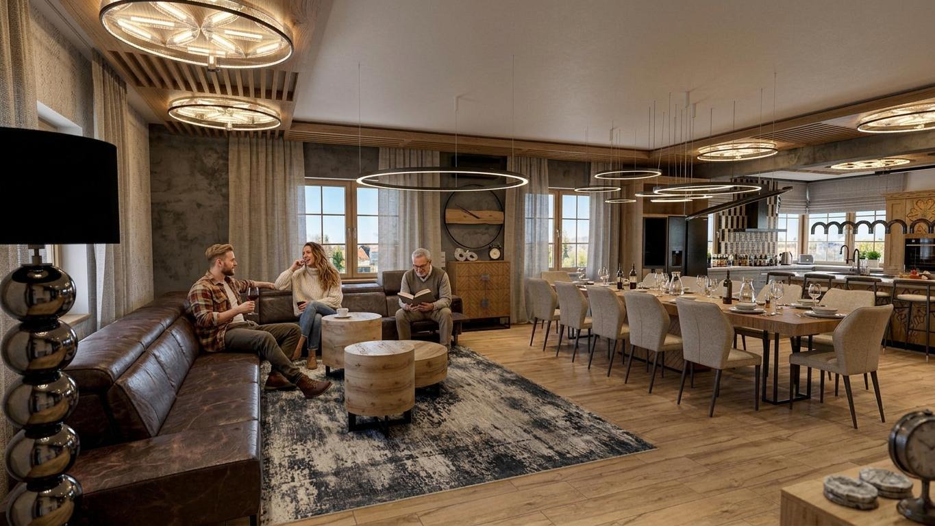 Przestronny salon z drewnianą podłogą, skórzaną sofą i długim stołem. Oświetlenie stanowią okrągłe lampy. W tle widoczna kuchnia i siedzące osoby.