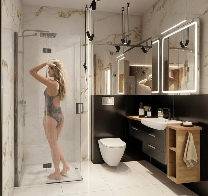 Nowoczesna łazienka z kabiną prysznicową typu walk-in, marmurowymi płytkami i oświetleniem LED. Kobieta pod prysznicem, widok z boku. Minimalistyczny design.