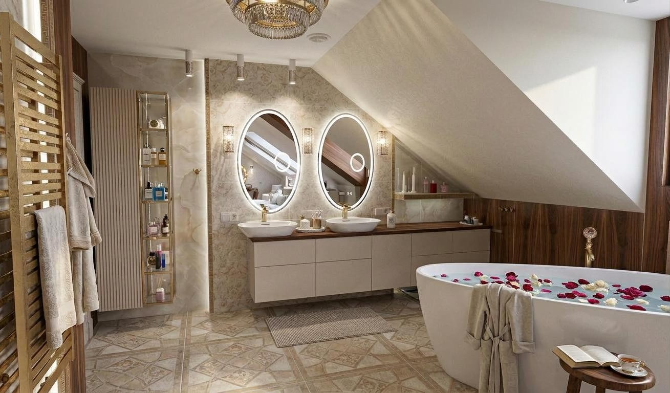 Elegancka łazienka na poddaszu z owalnymi lustrami z podświetleniem LED, wolnostojącą wanną z płatkami róż i złotymi akcentami. Luksusowe wykończenie.