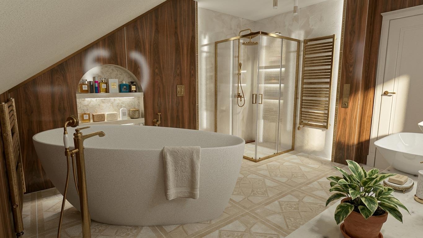 Elegancka łazienka na poddaszu z wolnostojącą wanną, kabiną prysznicową w złotej ramie i drewnianymi panelami. Uwagę przykuwa dekoracyjna półka z kosmetykami.