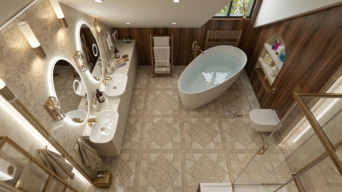 Luksusowa łazienka z wolnostojącą wanną, podświetlanymi lustrami i beżowymi płytkami podłogowymi. Widok z góry ukazuje przestronność i elegancję wnętrza.