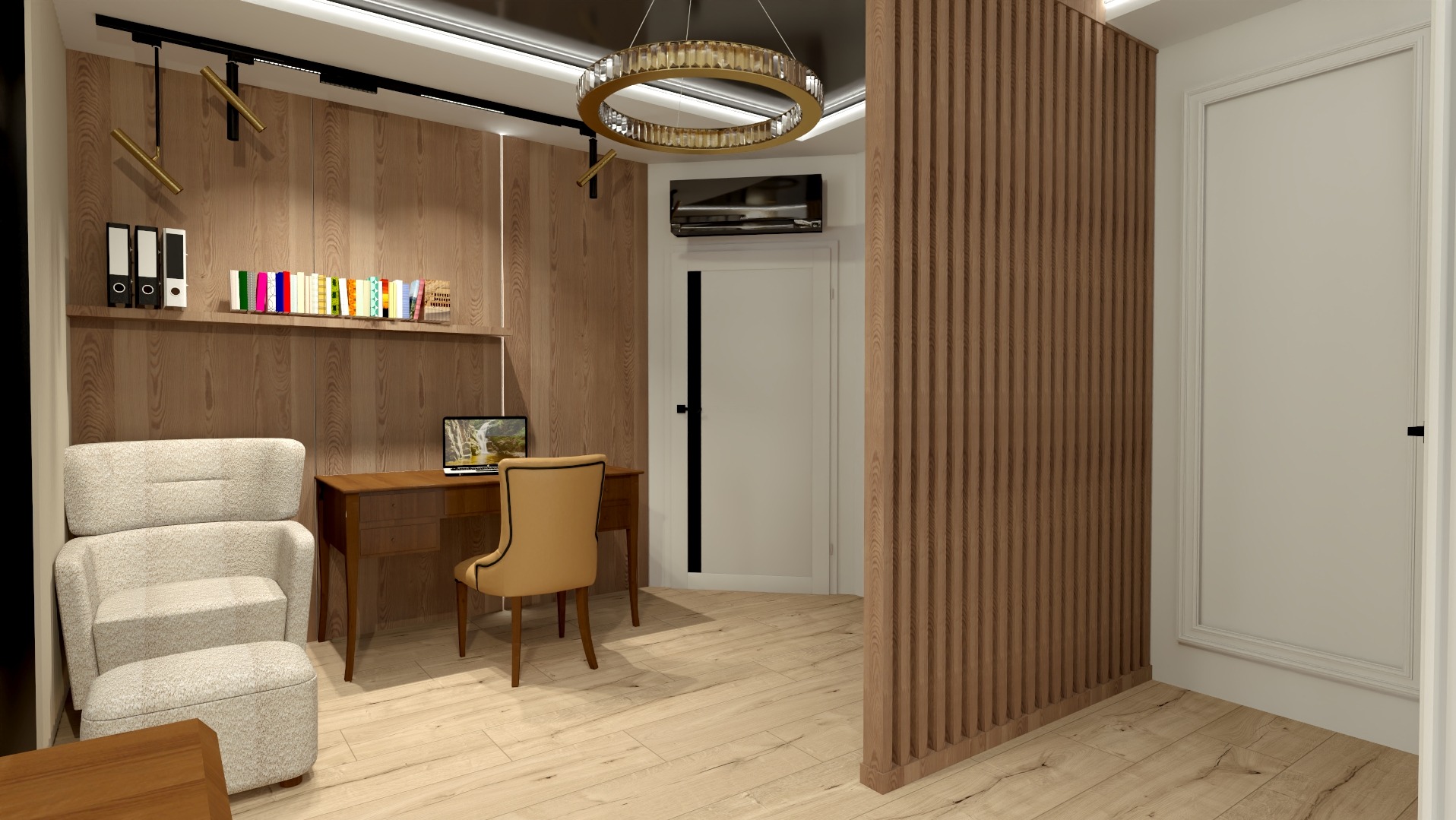 Sypialnia z biurkiem i krzesłem w stylu retro, drewniane panele ścienne, designerska lampa sufitowa. Wizualizacja wnętrza z elementami dekoracyjnymi.