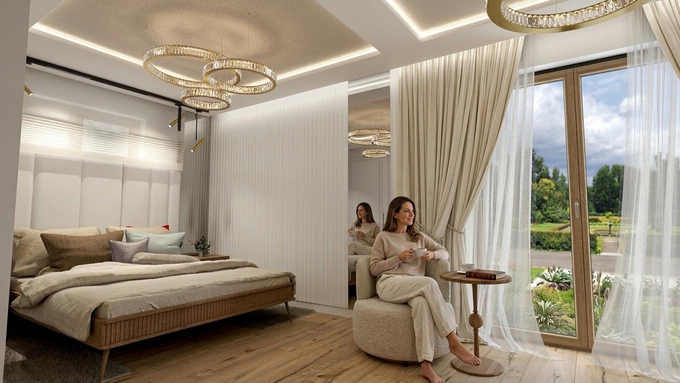 Jasna sypialnia z drewnianą podłogą, łóżkiem z tapicerowanym zagłówkiem i okrągłymi lampami. Kobieta siedzi w fotelu przy oknie z widokiem na ogród.