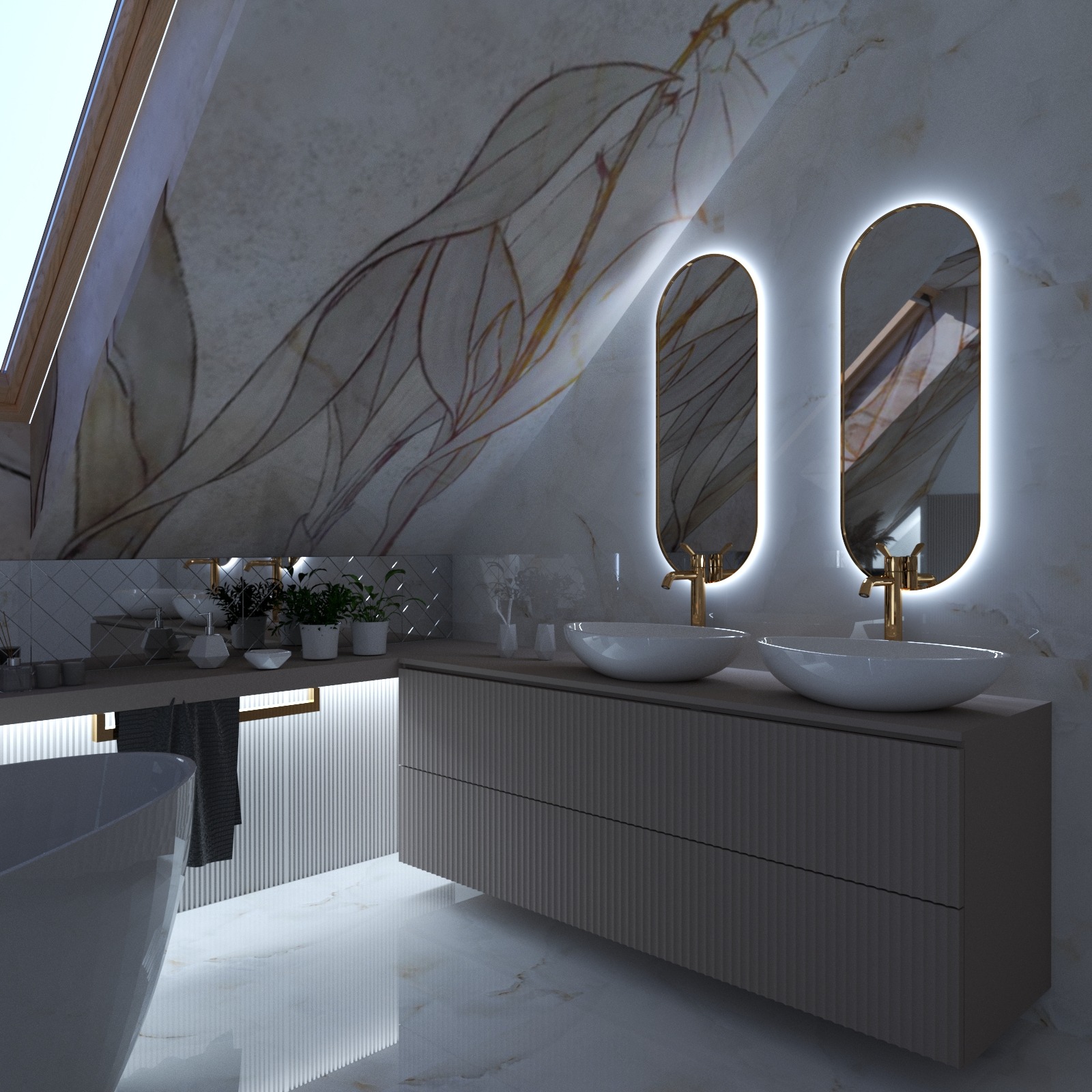 Stylowa łazienka na poddaszu z marmurową ścianą, dwoma owalnymi umywalkami, podświetlanymi lustrami i roślinami. Uwagę przykuwa wzór liści na ścianie.