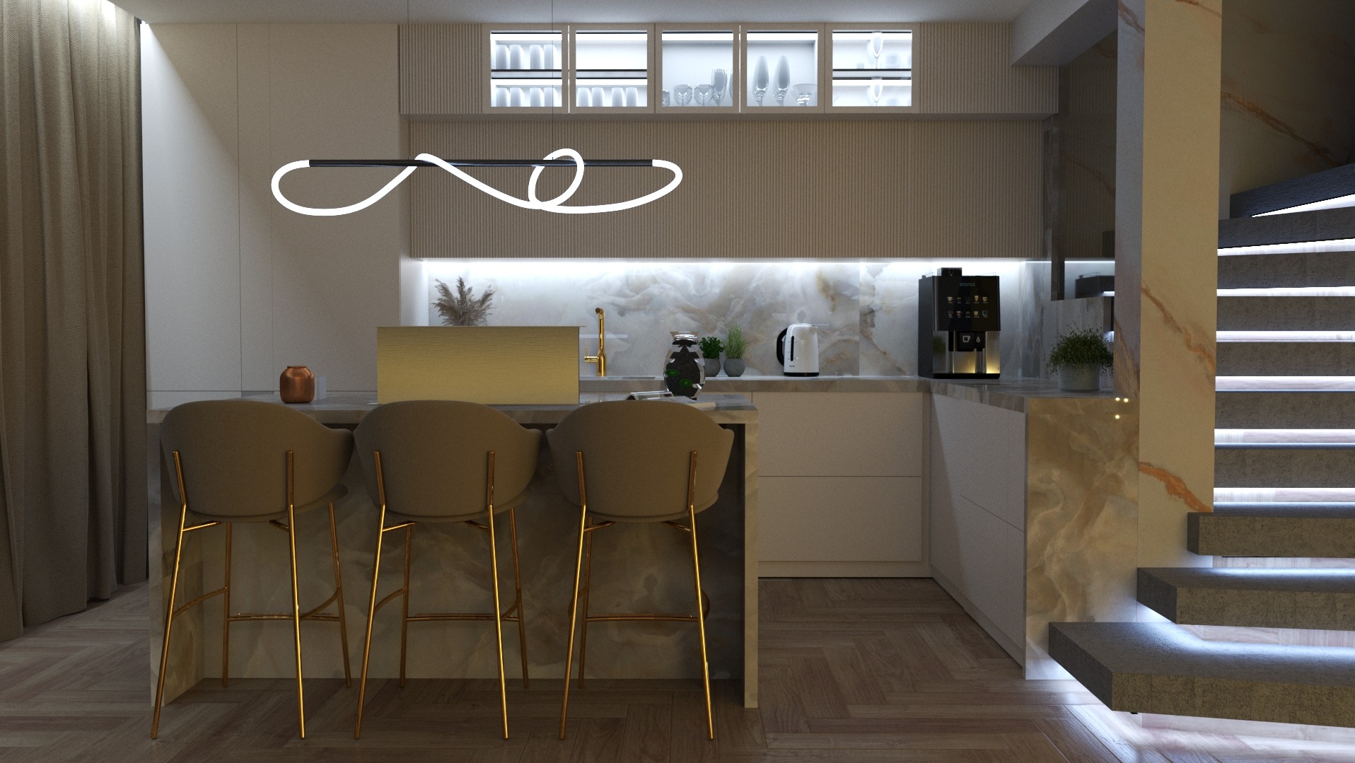 Nowoczesna kuchnia z marmurowym blatem, złotymi hokerami i designerską lampą. Schody z podświetleniem. Eleganckie wykończenie, ciepłe oświetlenie.