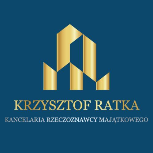 Logo firmy Krzysztof Ratka, Kancelaria Rzeczoznawcy Majątkowego, z abstrakcyjnym złotym symbolem budynku na ciemnoniebieskim tle.