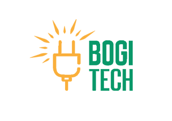 Logo firmy Bogi Tech z symbolem wtyczki elektrycznej otoczonej promieniami, nazwa w kolorze zielonym na czarnym tle.