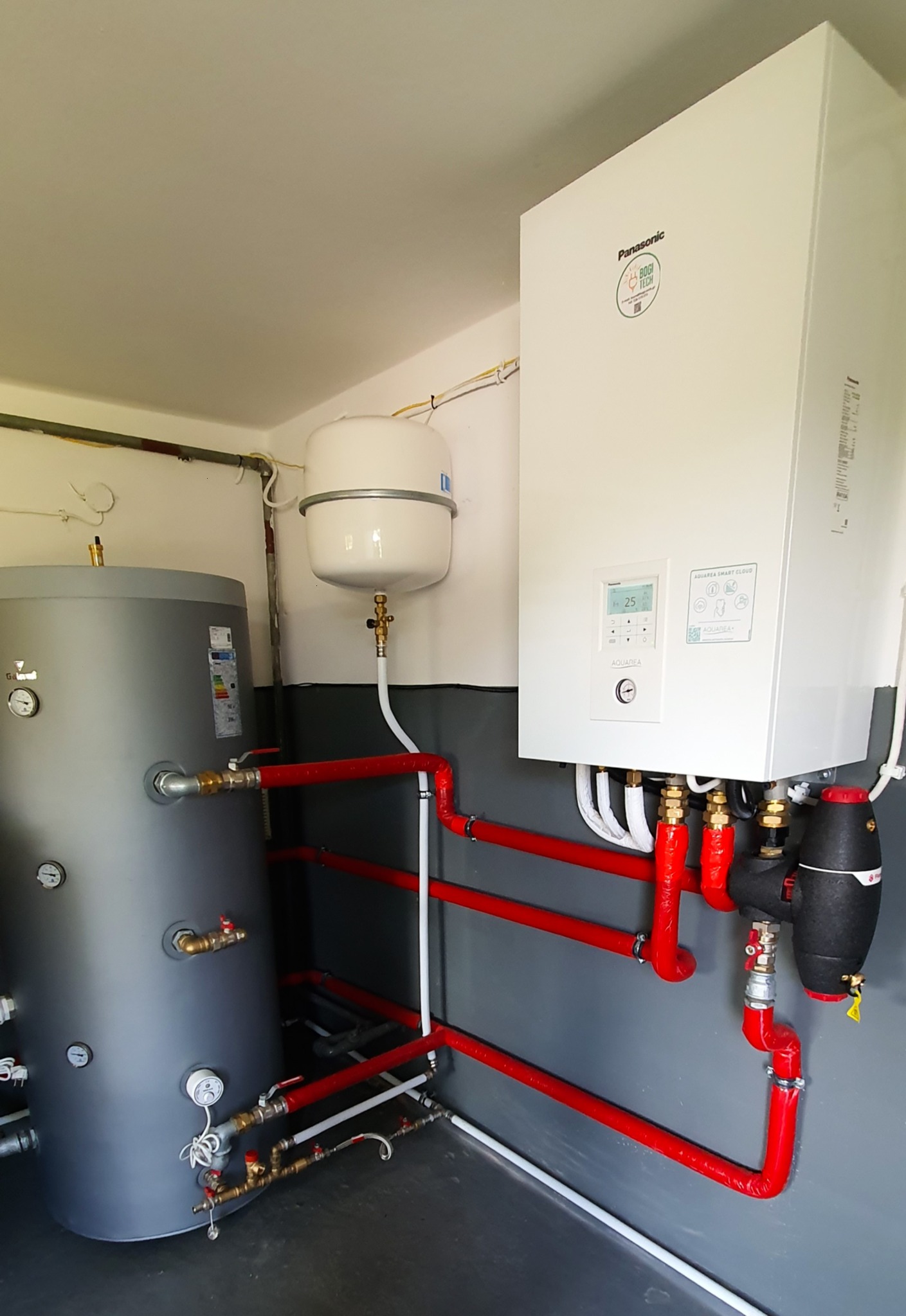 Zestaw instalacji grzewczej z pompą ciepła Panasonic Aquarea Smart Cloud i zasobnikiem Galmet, z czerwonymi rurami, w pomieszczeniu z szarymi ścianami.