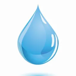 Stylizowana, błękitna kropla wody z refleksami, lekko unosząca się nad powierzchnią, na białym tle.