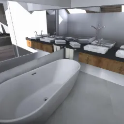 Wizualizacja przestronnej łazienki z dwiema owalnymi wannami i trzema umywalkami nablatowymi na drewnianych szafkach z czarnym blatem, z widokiem na sypialnię w tle.