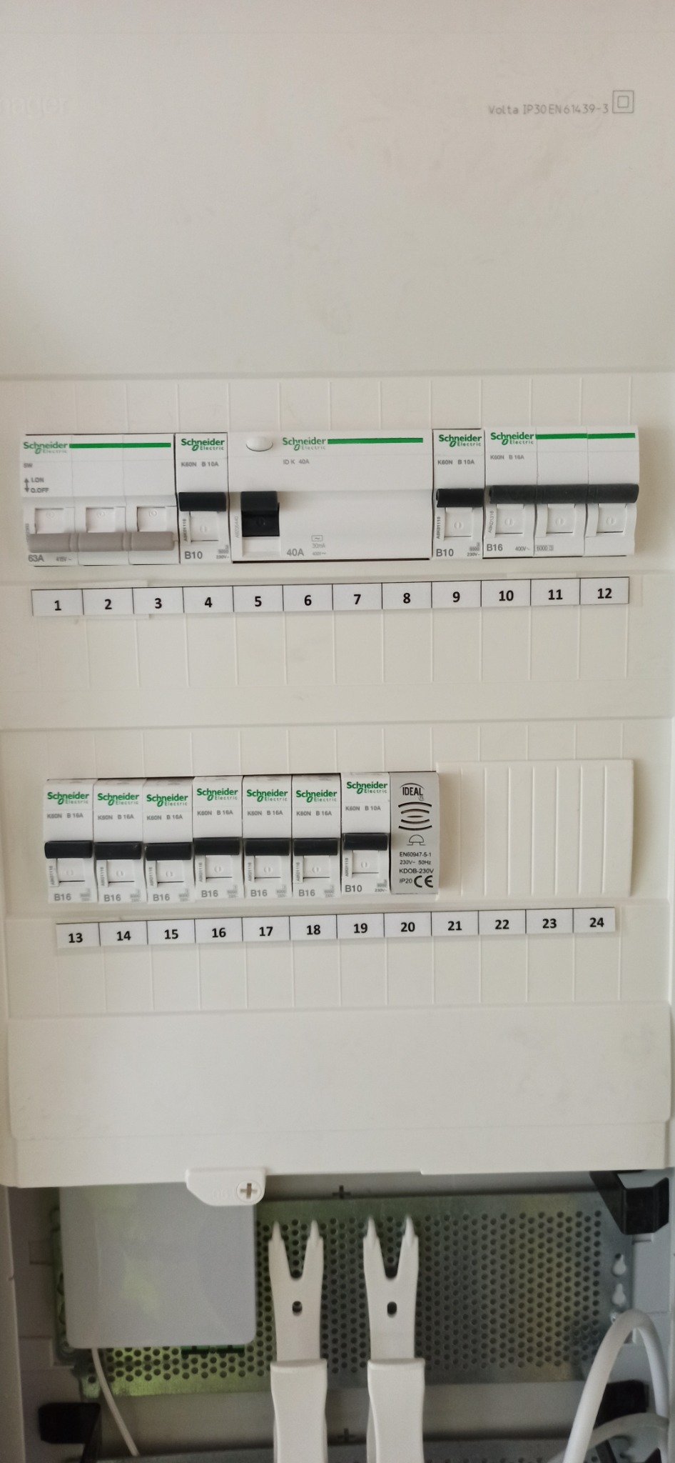 Rozdzielnia mieszkaniowa Schneider Electric z opisami obwodów, zainstalowana w Gdańsku, widok z góry.