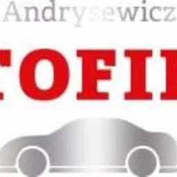 Logo firmy motoryzacyjnej 'MOTOFIRMA' z sylwetką samochodu i nazwą 'Andrysewicz' u góry.