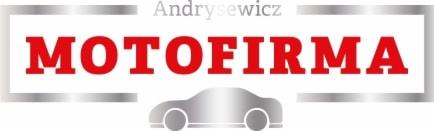 Logo firmy motoryzacyjnej 'MOTOFIRMA' z sylwetką samochodu i nazwą 'Andrysewicz' u góry.