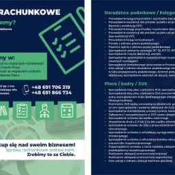 Grafika reklamowa biura rachunkowego prezentująca zakres usług: doradztwo podatkowe, księgowość, płace, kadry, ZUS oraz dane kontaktowe.