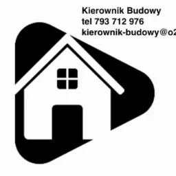 Czarno-białe logo przedstawiające uproszczony kształt domu wpisany w zaokrąglony trójkąt, obok nazwa firmy, numer telefonu i adres e-mail.