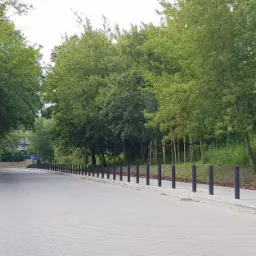 Nowa droga osiedlowa z kostki brukowej, obustronnie zabezpieczona słupkami, otoczona zielenią.