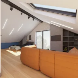 Wizualizacja poddasza z łóżkiem, pomarańczową sofą modułową i regałem w kształcie trójkąta, oświetlonego listwami LED i oknem dachowym.