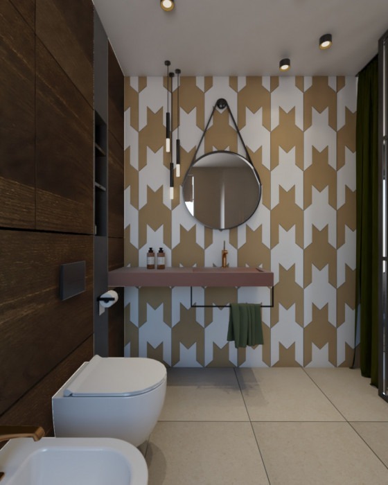 Nowoczesna łazienka z drewnianą zabudową, umywalką w kolorze pudrowego różu i okrągłym lustrem na tle ściany w geometryczny wzór.