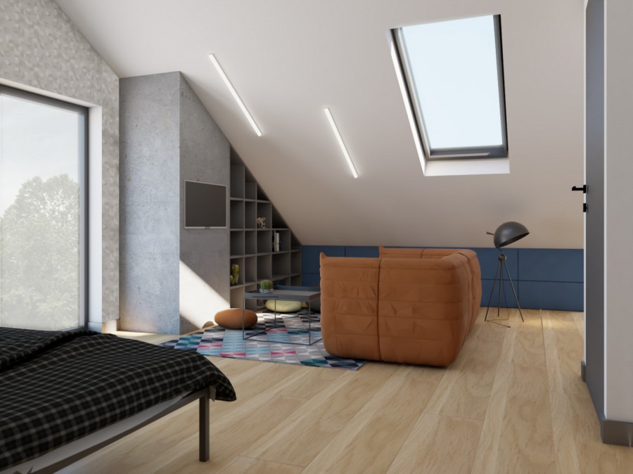 Wizualizacja poddasza z oknem dachowym, brązową sofą modułową, ścianą z półkami, telewizorem, lampą stojącą i łóżkiem w kratę na pierwszym planie.