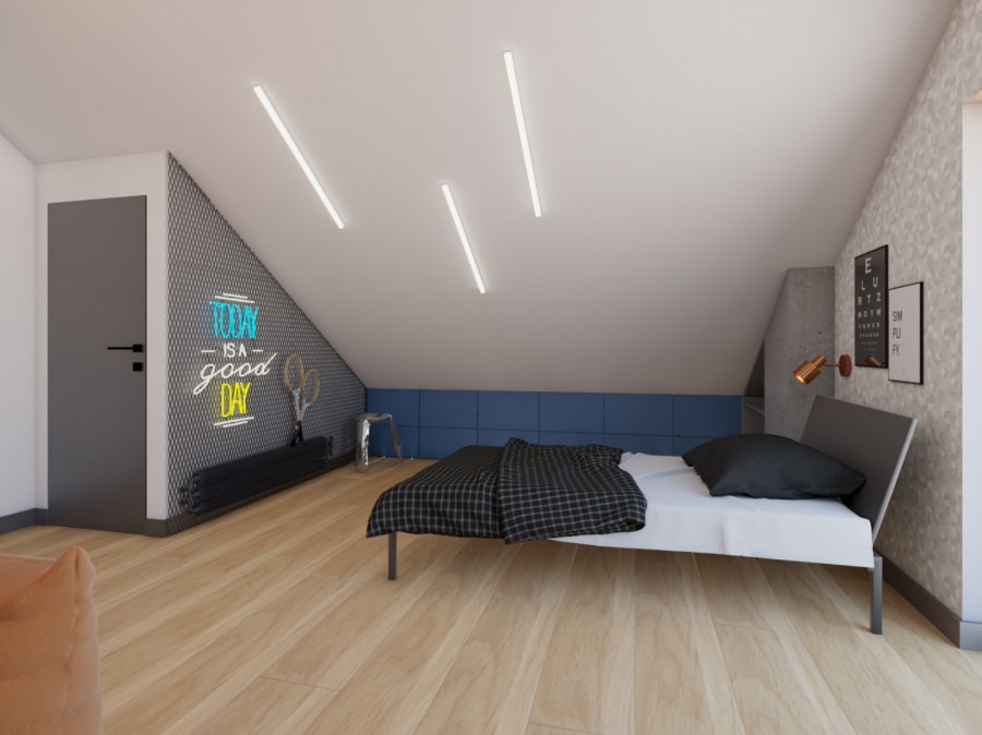 Pokój na poddaszu z łóżkiem, niebieskim zagłówkiem, neonowym napisem 'Today is a good day' na siatkowanej ścianie, trzema podłużnymi lampami na suficie i drewnianą podłogą.