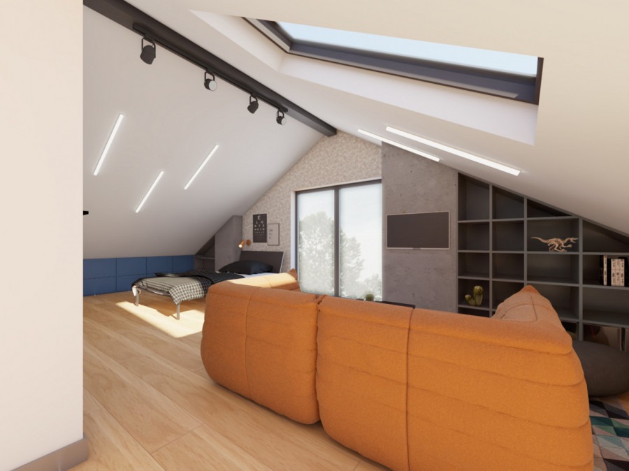 Wizualizacja poddasza z łóżkiem, pomarańczową sofą modułową i regałem w kształcie trójkąta, oświetlonego listwami LED i oknem dachowym.