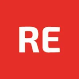 Biały napis 'RE' na czerwonym tle. Prosty logotyp z wyraźnym kontrastem kolorów.