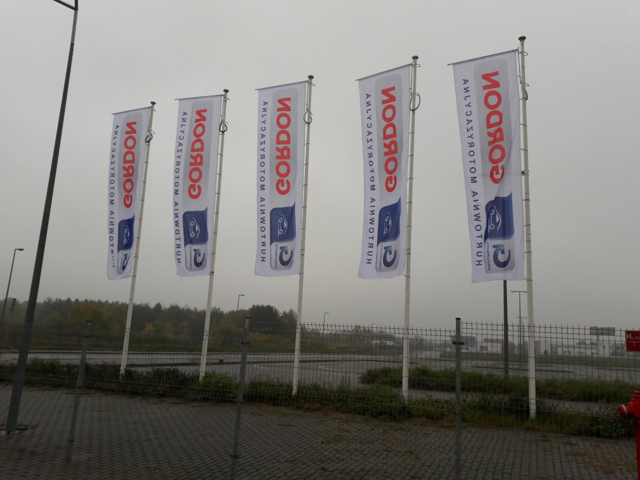 Rząd pięciu flag reklamowych z logo firmy na tle pochmurnego nieba i parkingu.