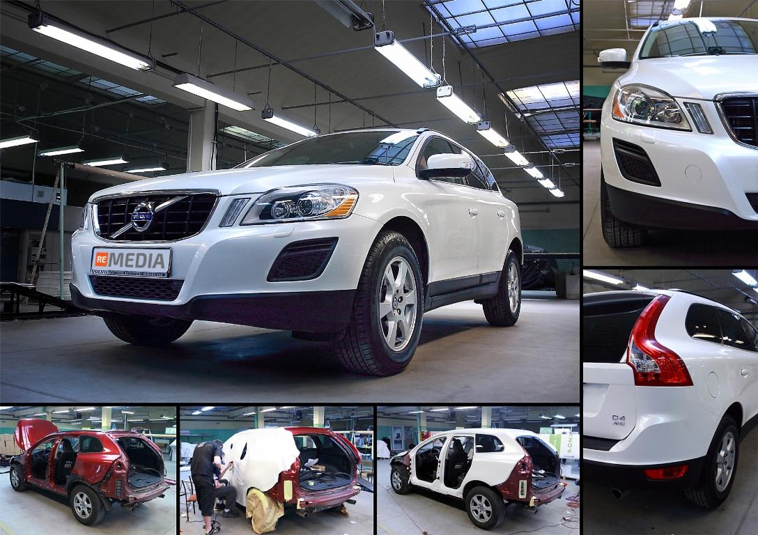 Kolorowanie i naprawa karoserii białego Volvo XC60 w warsztacie, widoczne etapy pracy i efekt końcowy.