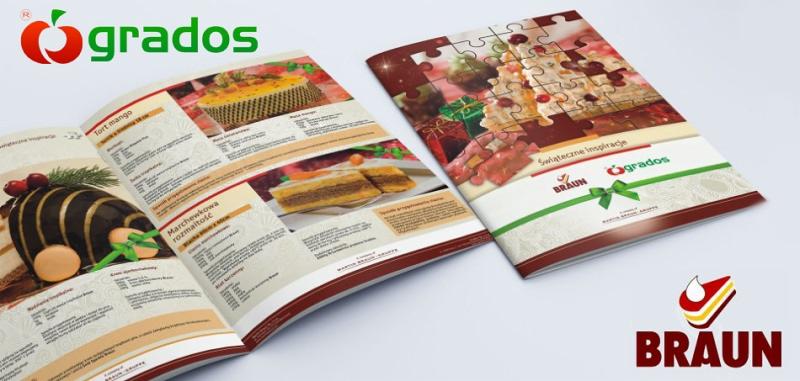 Rozłożona broszura reklamowa z fotografiami ciast i deserów, z logo firm Grados i Braun na białym tle.