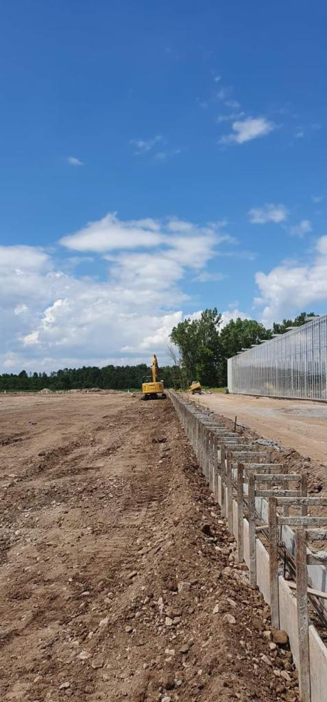 Przygotowanie terenu pod budowę w Iwoniczu-Zdroju: dwa żółte spychacze wyrównują ziemię w pobliżu szklarni, widoczny fragment betonowego fundamentu.