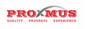 Logo firmy PROXMUS z czerwonym napisem i szarym łukiem nad literami, pod napisem hasła: QUALITY, PROGRESS, EXPERIENCE.