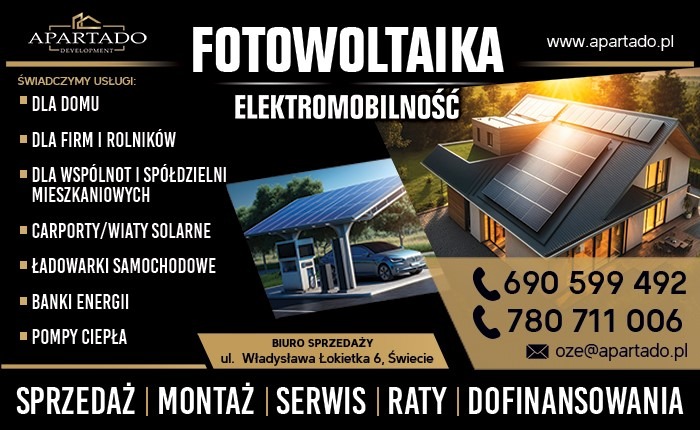 Grafika reklamowa firmy Apartado Development oferującej fotowoltaikę i elektromobilność, prezentująca panele słoneczne na dachu domu oraz stację ładowania samochodów elektrycznych pod wiatą solarną.