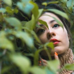 Emc² Media Piotr Skibiński - Portret kobiety z czerwonymi ustami, spoglądającej w górę, częściowo zasłoniętej zielonymi liśćmi, z pomarańczowym manicurem.