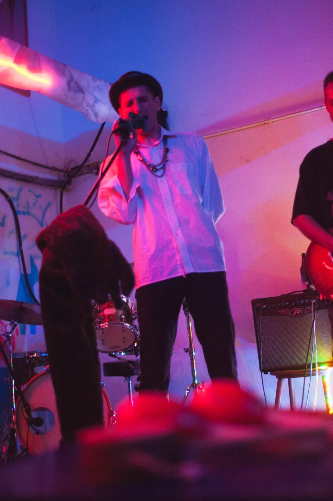 Wokalista w kapeluszu śpiewa do mikrofonu na scenie oświetlonej niebiesko-różowym światłem, obok perkusja i wzmacniacz Peavey, w tle graffiti na ścianie.