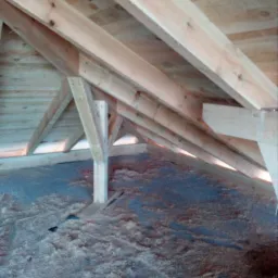 Surowa drewniana konstrukcja dachu z widoczną więźbą oraz izolacją poddasza w postaci warstwy włóknistej.