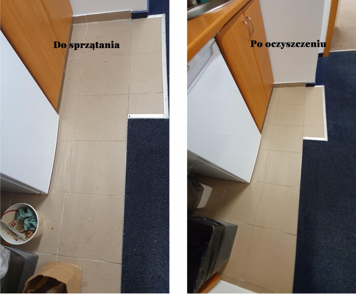 Porównanie stanu podłogi w biurze w Katowicach przed i po sprzątaniu, widoczne płytki ceramiczne i fragment wykładziny dywanowej, z lewej strony ślady brudu i resztek, z prawej czysta powierzchnia.