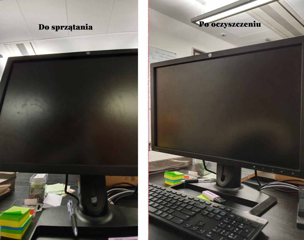 Porównanie monitora biurowego przed i po czyszczeniu, widoczne smugi i zabrudzenia na ekranie po lewej stronie, a czysty ekran po prawej, z elementami biurowymi w tle.