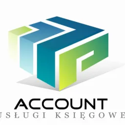 Graficzne logo firmy księgowej przedstawiające stylizowany, trójwymiarowy blok z elementami strzałek w odcieniach zieleni i błękitu, poniżej napis ACCOUNT Usługi Księgowe.