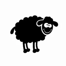 Czarna, kreskówkowa owca z uśmiechem, na białym tle.