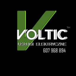 Logo firmy Voltic świadczącej usługi elektryczne, z numerem telefonu 607 968 894, na czarnym tle.