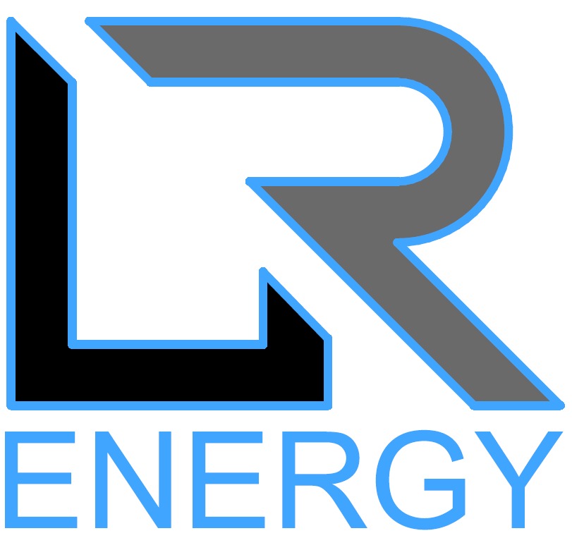 Logo firmy LR Energy: stylizowany napis 'LR' z elementami w kolorze czarnym i szarym, obrysowany jasnoniebieską linią, pod nim napis 'ENERGY' w kolorze jasnoniebieskim.