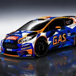 Ford Fiesta rajdowa z niebiesko-pomarańczowym wzorem geometrycznym, licznymi sponsorami i oznaczeniami, zaparkowana na mokrej powierzchni