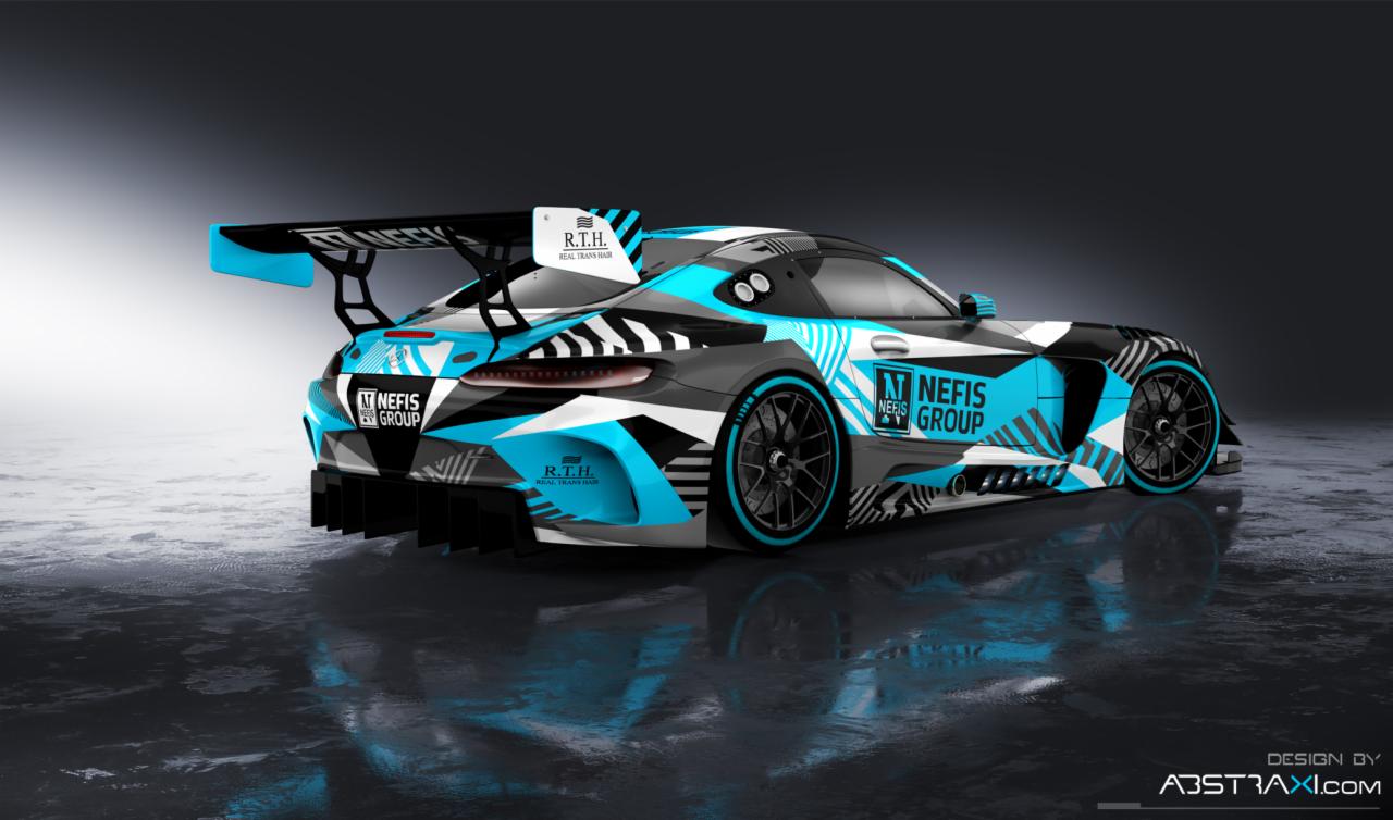Grafika koncepcyjna sportowego samochodu w barwach firmowych z logo Nefis Group i R.T.H., dynamiczne wzory w odcieniach błękitu, czerni i bieli, widok z tyłu na tle ciemnego, refleksyjnego podłoża.