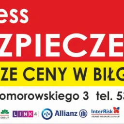 Baner reklamowy: Ubezpieczenia Progress, najlepsze ceny w Biłgoraju. Adres i telefon kontaktowy. Logotypy firm ubezpieczeniowych: Ergo Hestia, Compensa i inne.
