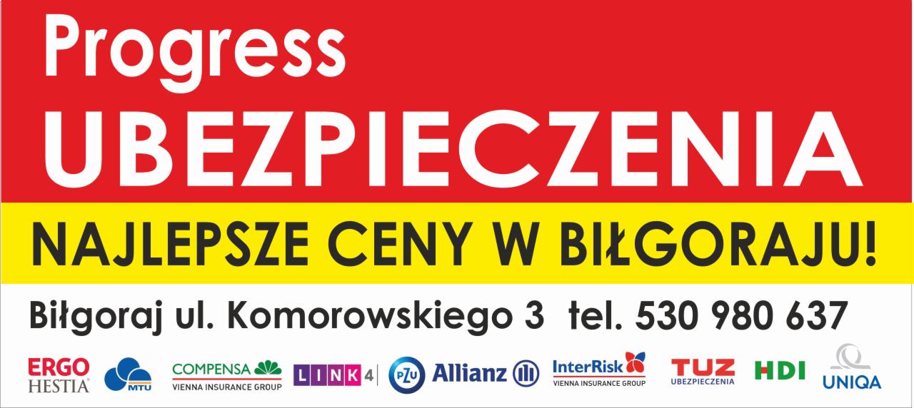 Baner reklamowy: Ubezpieczenia Progress, najlepsze ceny w Biłgoraju. Adres i telefon kontaktowy. Logotypy firm ubezpieczeniowych: Ergo Hestia, Compensa i inne.