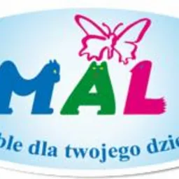 Logo firmy AMAL II z napisem 'Meble dla twojego dziecka' w stylizowanych, kolorowych literach z motywami zwierzęcymi i motylem na tle błękitnej elipsy.