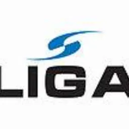 Logo firmy LIGA z niebieskim symbolem graficznym nad czarnym napisem.