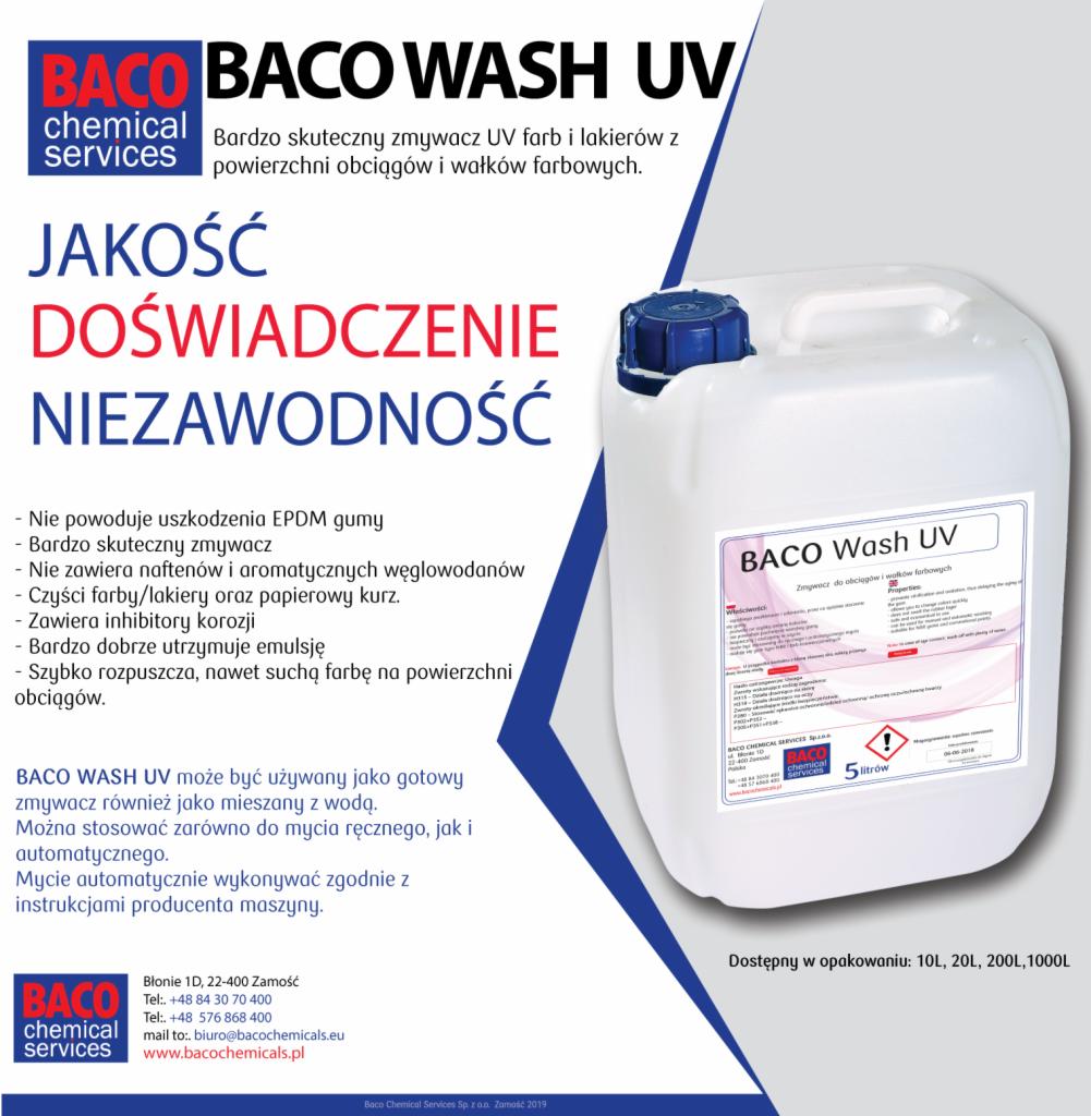 Kanister z niebieską zakrętką środka czyszczącego BACO Wash UV do usuwania farb i lakierów UV z obciągów i wałków farbowych, obok tekst reklamowy z informacjami o produkcie i firmie.